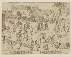Frans Huys, ICE SKATING BEFORE THE GATE OF SAINT GEORGE AT ANTWERP, 1553, Copper-plate engraving on laid paper, from the second state of two, printed later by Johan Galle (1600-1676)