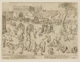 Frans Huys, ICE SKATING BEFORE THE GATE OF SAINT GEORGE AT ANTWERP, 1553, Copper-plate engraving on laid paper, from the second state of two, printed later by Johan Galle (1600-1676)