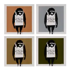 Banksy, SET OF FOUR 'LAUGH NOW, BUT ONE DAY WE'LL BE IN CHARGE' (GREEN, BRONZE, SILVER & GOLD), 2008, Screenprint on vinyl sleeves, ed. 1000, each vinyl numbered Green 0400, Bronze 0854, Silver 0896 and Gold 0628 (4)