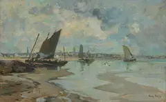 BEACHED FISHING BOATS by James Kay, oil on canvas, sold Dec 2025