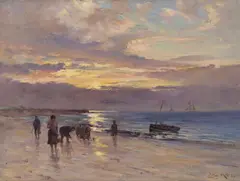 Joseph Milne, MUSSEL GATHERING, SUNSET, oil on canvas