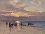 Joseph Milne, MUSSEL GATHERING, SUNSET, oil on canvas