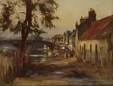 William Darling McKay, FIGURES BY THE BRIDGE EAST LINTON, oil on canvas