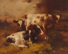David Gauld, CALVES IN A BYRE, oil on canvas