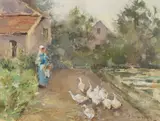 Edward Arthur Walton, FEEDING THE DUCKS, watercolour