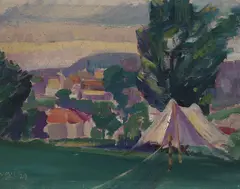 William McCance, TENT SHELTER ON THE LAWN, SUMMERHILL, LYME REGIS, oil on board