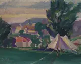 William McCance, TENT SHELTER ON THE LAWN, SUMMERHILL, LYME REGIS, oil on board
