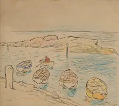 George Leslie Hunter, ROWING BOATS, LARGO, pen and ink and crayon