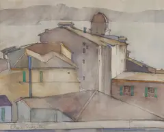 Anne Redpath, BEHIND THE OLD CHURCH, VILLEFRANCHE, pencil and watercolour