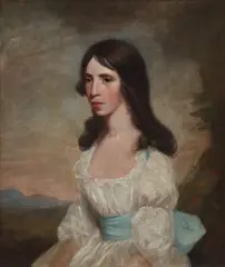 Henry Raeburn, HALF-LENGTH PORTRAIT OF MISS MAITLAND IN WHITE DRESS WITH BLUE SASH, Oil on canvas