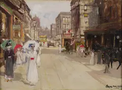 James Kay, SWEET SUMMERTIME - ELEGANT FIGURES OUTSIDE CENTRAL STATION, GLASGOW, oil on canvas