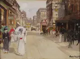 James Kay, SWEET SUMMERTIME - ELEGANT FIGURES OUTSIDE CENTRAL STATION, GLASGOW, oil on canvas