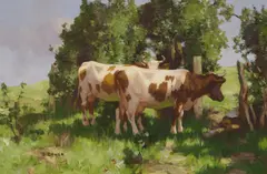 David Gauld, TWO AYRSHIRES IN SUMMER SUNSHINE, oil on canvas
