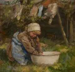 Robert Gemmell Hutchison, WASHING DAY, oil on board