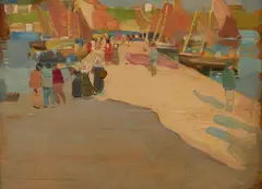 Robert Brough, BUSY QUAY IN BRITTANY, Oil on panel