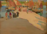 Robert Brough, BUSY QUAY IN BRITTANY, Oil on panel