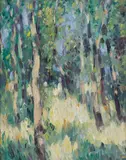 John Duncan Fergusson, SUNLIGHT IN THE WOODS, PEEBLES, oil on board laid down on panel