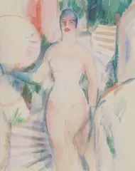 John Duncan Fergusson, BATHER DESCENDING A STAIRCASE, Watercolour