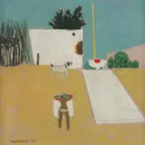 Alberto Morrocco, SUNBATHER AND SLIPWAY, oil on board