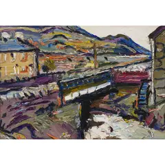 Fred Yates, LANDSCAPE WITH BRIDGE, oil on board