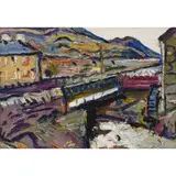 Fred Yates, LANDSCAPE WITH BRIDGE, oil on board