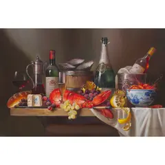 Raymond Campbell, MAGNUM OF POL ROGER CHAMPAGE, CUT LEMON AND LOBSTER AND PRAWNS AND OYSTERS, oil on board