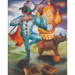 Steven Campbell, UNTITLED (SCARAMOUCHE AND RHINO), 1989, oil on on paper laid on board
