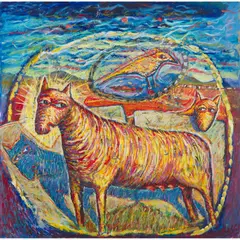 Neil MacPherson, TWO DOGS AND A BIRD, Oil and collage on board
