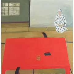 Elizabeth Blackadder, SELF PORTRAIT WITH RED LACQUER TABLE, KYOTO -1988, oil on canvas