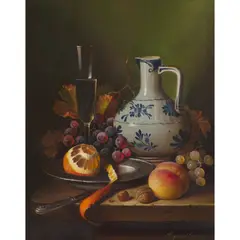Raymond Campbell, STILL LIFE WITH PATTERNED JUG AND ORANGE PEEL, oil on board