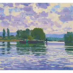 George Devlin, SEINE BARGES  NEAR SANDRANCOURT, oil on canvas