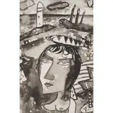 John Bellany, WOMAN WITH FISH, ink wash on paper