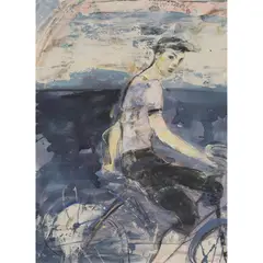 Peter McLaren, CYCLIST LOOKING OVER HIS SHOULDER (BLUE, SMALL RAINBOW), 1987, ink, watercolour and gloss on paper