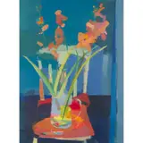 Claire Harrigan, STILL LIFE OF ORANGE FLOWERS ON A BLUE GROUND, oil and pastel on paper