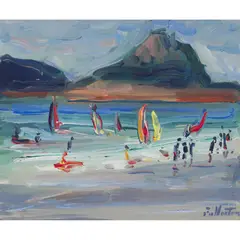 James Fullarton, WINDSURFERS AT TREBURDEN, acrylic on board