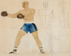 Henry Collins, THE BOXER, 1950; TWO DESIGNS FOR  BACKGROUNDS - SPORTS SECTION, FESTIVAL OF BRITAIN, 1951, ink, watercolour and pencil on paper