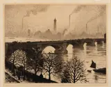 C. R. W. Nevinson, WATERLOO BRIDGE FROM A SAVOY WINDOW (GUICHARD 49), c.1924-26, etching with drypoint printed with tone, from the edition of 75, on laid paper