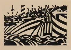 Edward Wadsworth, DOCK SCENE c.1918  (COLNAGHI 133; GREENWOOD W/D 36), woodcut on buff wove paper