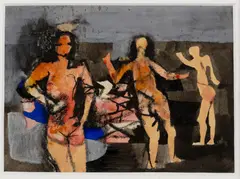 THREE RED BATHERS, 1944 by Keith Vaughan, crayon, ink and gouache on paper, sold Oct 2025