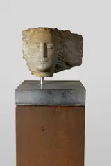 Emily Young, ANGEL HEAD, c.2004-08, Purbeck Blue marble , mounted on the original studio designed stone and corten steel base