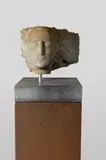 Emily Young, ANGEL HEAD, c.2004-08, Purbeck Blue marble , mounted on the original studio designed stone and corten steel base