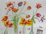 Elizabeth Blackadder, THREE VASES OF TULIPS, 1988, watercolour on paper