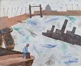 Julian Trevelyan, DOCKSIDE, THE THAMES, LONDON, 1985, oil on canvas