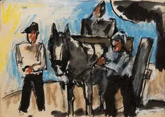 Josef Herman, FIGURES WITH HORSE AND CART, ink, pastel and watercolour on paper