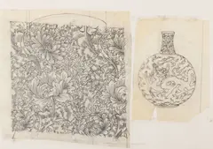 Patrick Caulfield, TWO STUDIES FOR LOUNGE [CHINESE VASE & MORRIS WALLPAPER], 1989, pencil on tracing paper, mounted together on grey card