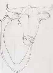 Patrick Caulfield, STUDY FOR HEMINGWAY NEVER ATE HERE [BULL'S HEAD], 1999, pencil on three adjoined pieces of paper