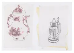 Patrick Caulfield, STUDY FOR KELLERBAR, 1986 AND STUDY FOR EGGS AND COFFEE, 1984, pencil on tracing paper, 37cm x 26.5cm (14 ½in x 10 ½in), and study for Eggs and Coffee , c.1984, depicting an 18th Century jug and cover, pencil and crayon on tracing paper, 40cm x 26cm (15 ¾in x 10 ¼in), both mounted together on white card