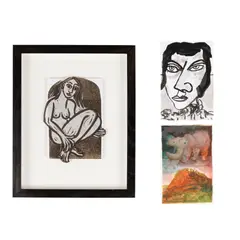 John Bellany, THREE UNTITLED WORKS (FOR RCA SECRET EXHIBITION), woodcut and collage on RCA Supplied postcard