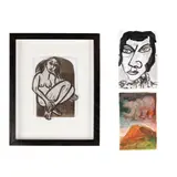 John Bellany, THREE UNTITLED WORKS (FOR RCA SECRET EXHIBITION), woodcut and collage on RCA Supplied postcard