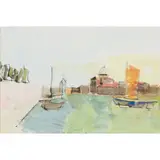 George Haig, 2nd Earl Haig, RED SAIL BOATS ON THE ZATTERE, watercolour, pencil and ink